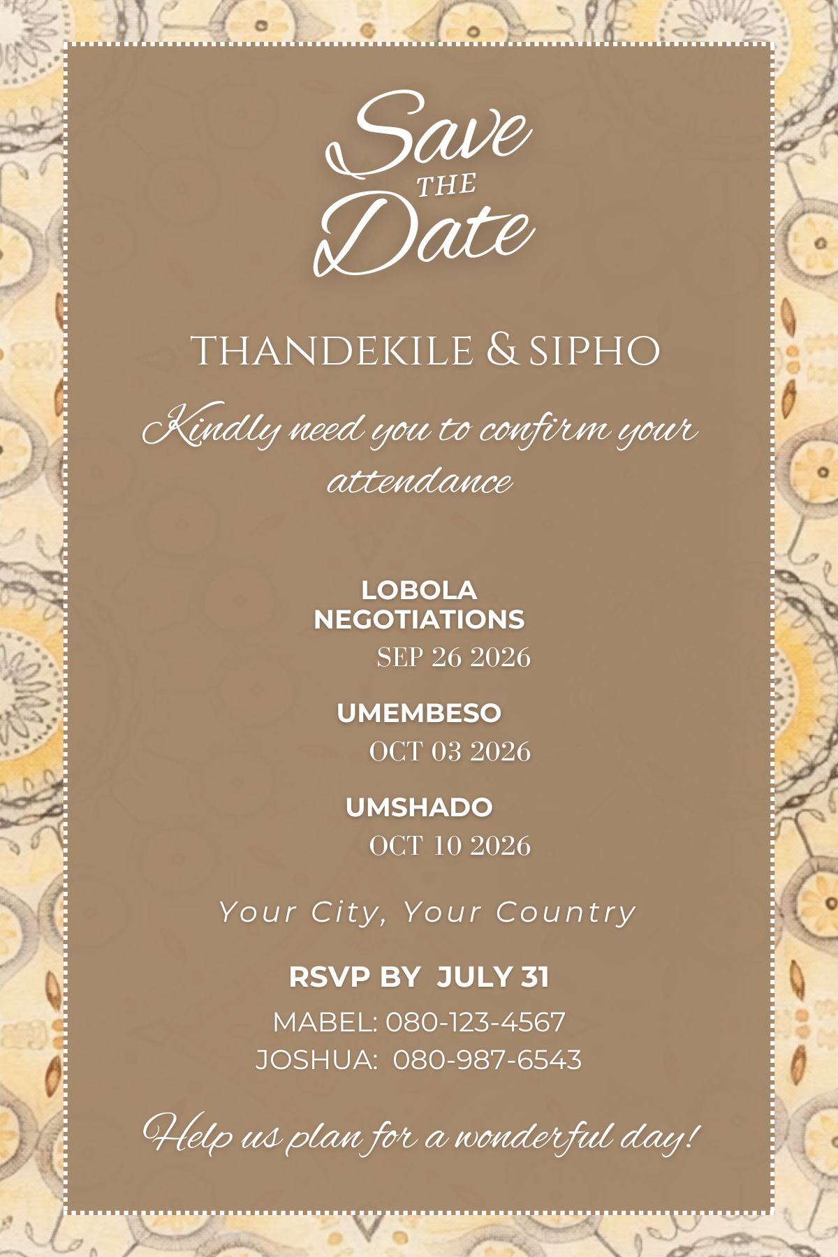 Brown Shweshwe Wedding Suite - African Digital wedding invitation - Image 3