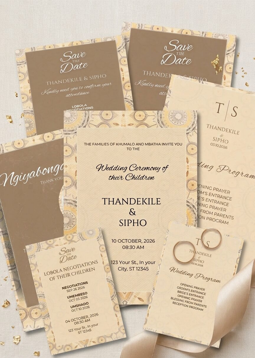 Brown Shweshwe Wedding Suite - African Digital wedding invitation